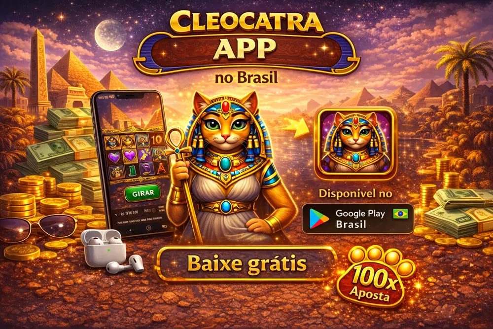 Cleocatra App no Brasil com smartphone, interface mobile, moedas douradas e tema egípcio em visual premium