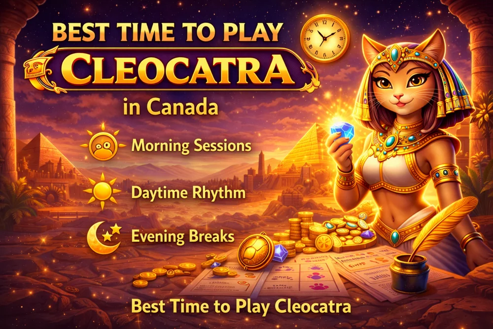 Cleocatra best time to play visual with Egyptian slot elements, time-of-day symbols, gold coins, and a premium dark casino background