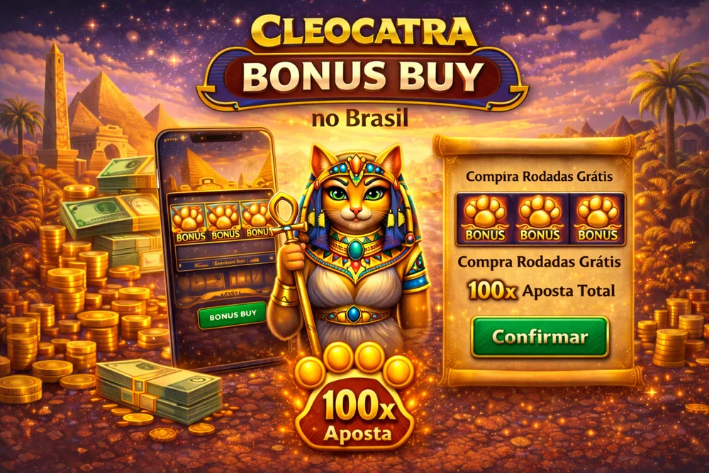 Cleocatra Bonus Buy com smartphone, compra de bônus, moedas douradas e tema egípcio em visual premium para o Brasil