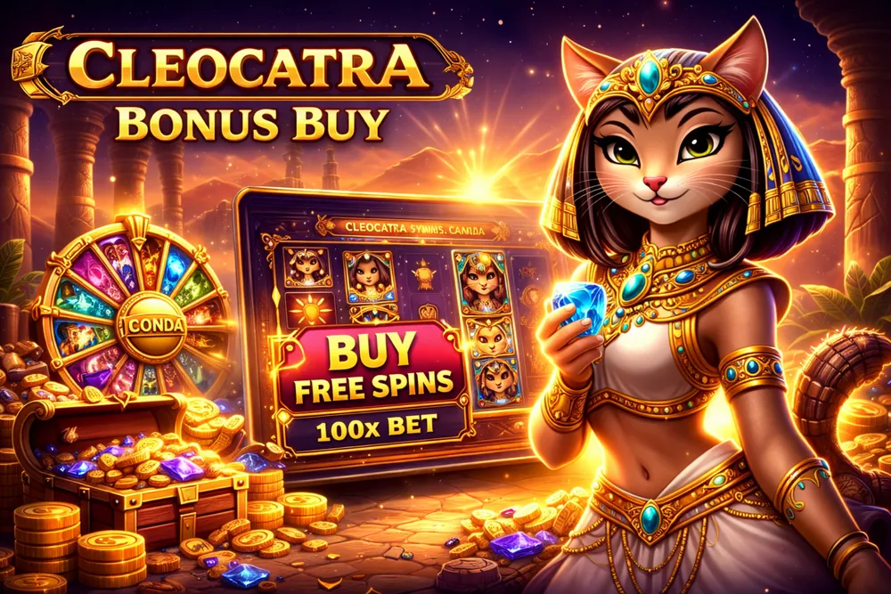 Cleocatra bonus buy screen with free spins purchase option, golden Egyptian slot elements, treasure, and a premium dark casino background