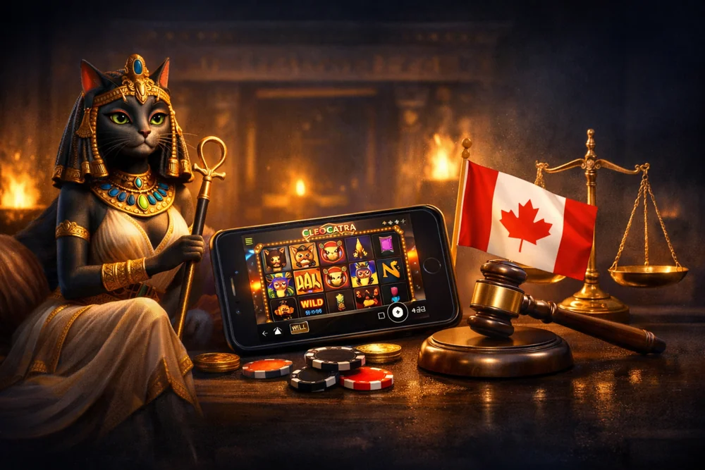 Cleocatra-themed slot on a smartphone with a Canadian flag, legal symbols, and dark gold casino visuals for a Canada-focused legality guide