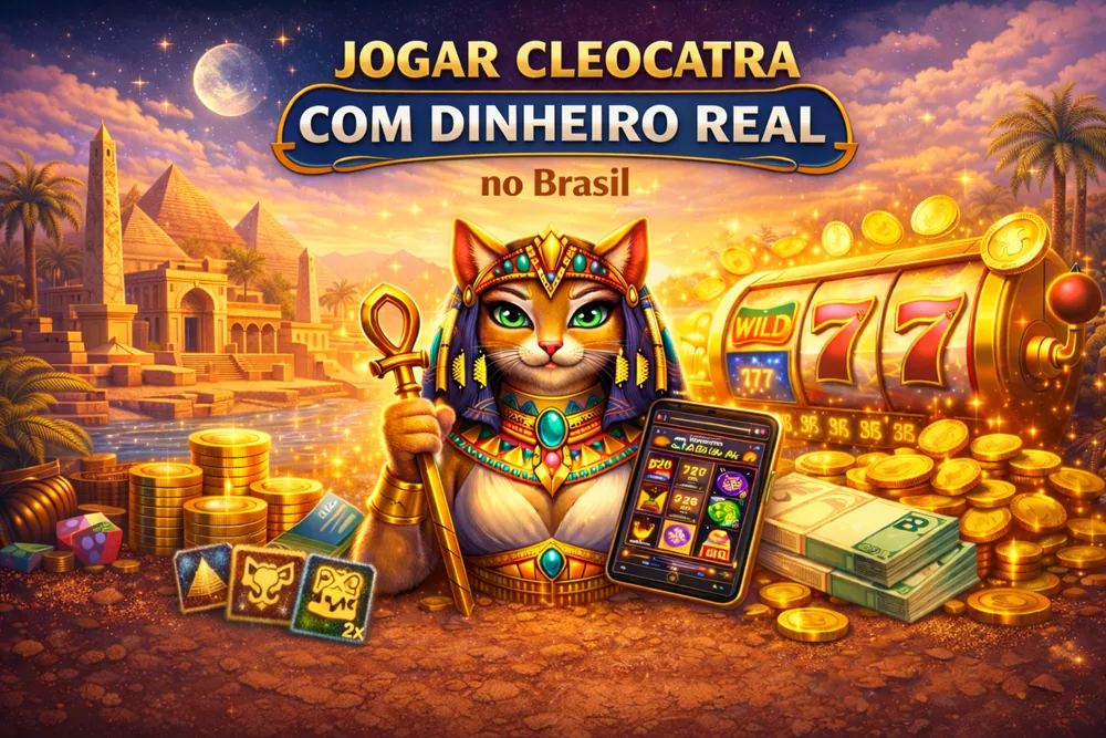 Jogar Cleocatra com dinheiro real no Brasil com smartphone, Pix, moedas douradas e tema egípcio em visual premium
