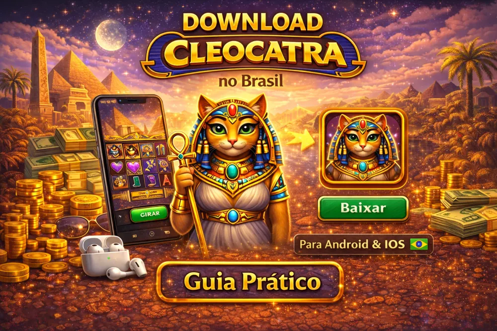 Download Cleocatra no Brasil com smartphone, botão de baixar, moedas douradas e tema egípcio em visual premium