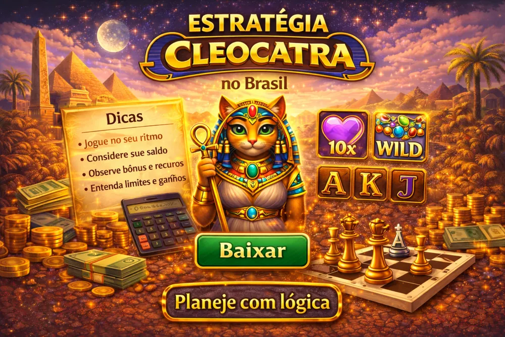 Estratégia Cleocatra no Brasil com smartphone, planejamento, moedas douradas e tema egípcio em visual premium