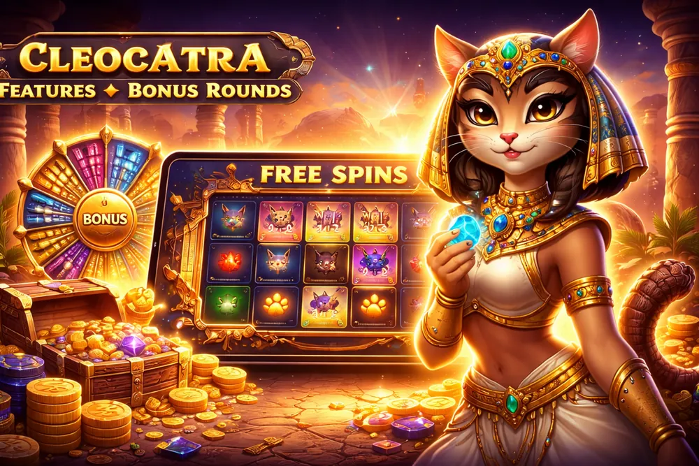 Cleocatra features and bonus rounds shown on a glowing Egyptian-themed slot screen with free spins, bonus wheel, gold coins, and a premium dark casino background