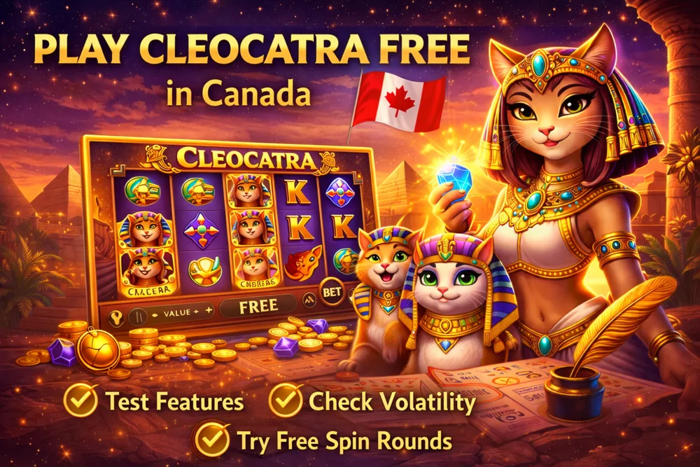 Play Cleocatra free demo shown with Egyptian slot elements, cat-themed symbols, gold coins, and a premium dark casino background