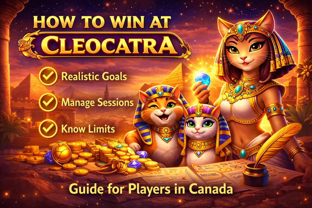 Cleocatra how to win guide visual with Egyptian slot elements, session planning symbols, gold coins, and a premium dark casino background