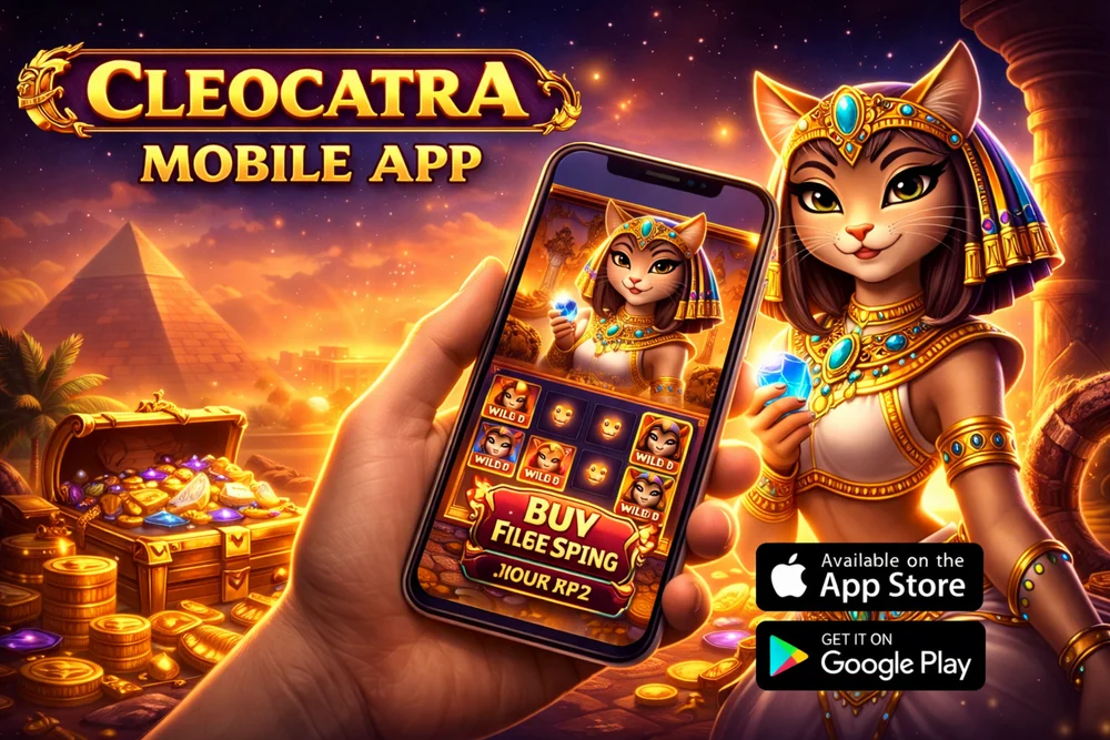Cleocatra mobile app shown on a smartphone with Egyptian slot symbols, glowing gold elements, and a premium dark casino background