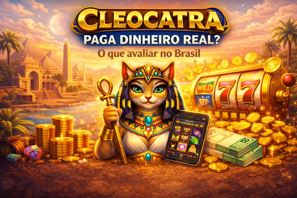 Cleocatra paga dinheiro real com smartphone, moedas douradas, tema egípcio e visual claro voltado ao público do Brasil