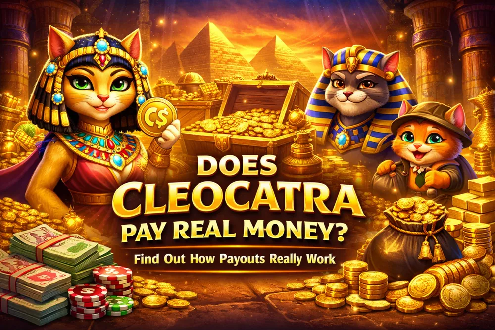Cleocatra real money banner with Egyptian cat characters, gold coins, cash elements, and a payout-focused casino guide style for Canada
