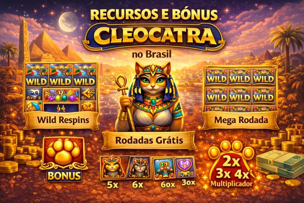 Recursos e bônus do Cleocatra com rodadas grátis, símbolos do slot, moedas douradas e tema egípcio em visual premium
