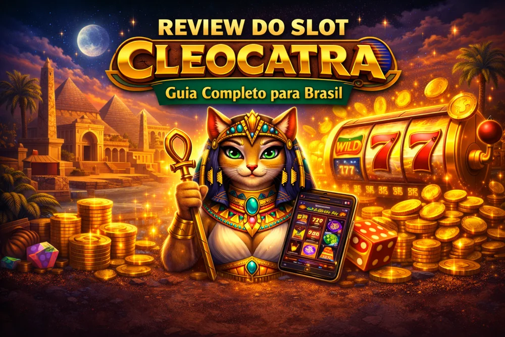Review do slot Cleocatra com smartphone, tema egípcio, moedas douradas, símbolos do jogo e visual premium para o Brasil