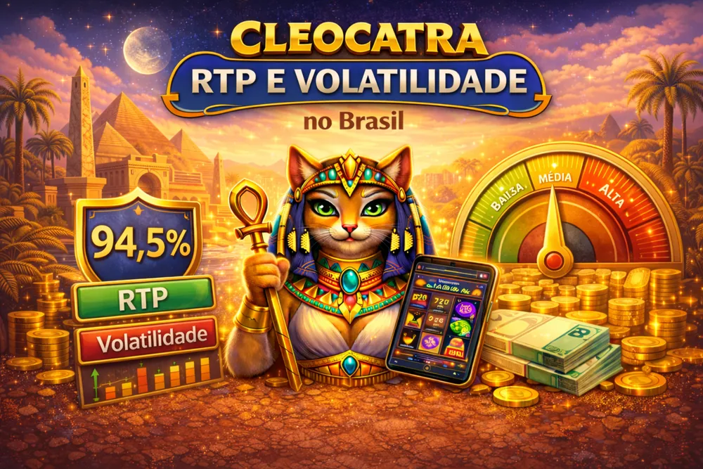 Cleocatra RTP e volatilidade no Brasil com smartphone, medidor de risco, moedas douradas e tema egípcio premium
