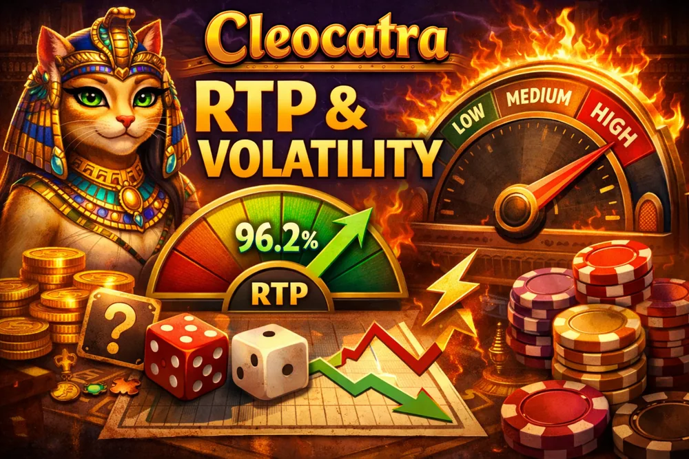 Cleocatra RTP and volatility banner with Egyptian cat queen, casino chips, metric gauges, and a stats-focused guide style for Canada