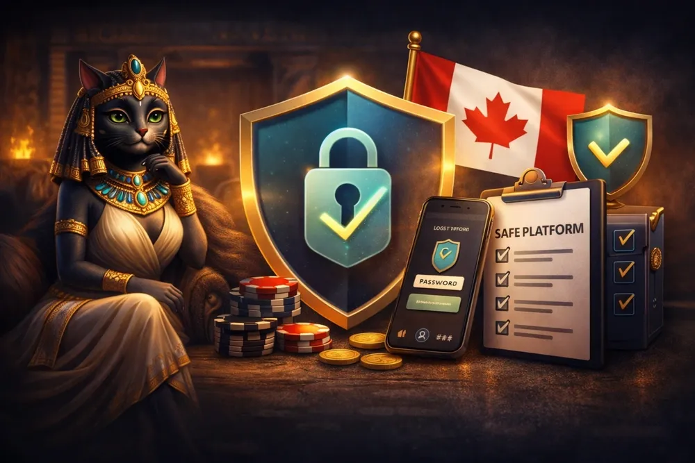 Cleocatra-themed safety guide image with a smartphone, shield icons, secure platform checklist, and Canadian flag in a dark gold casino style