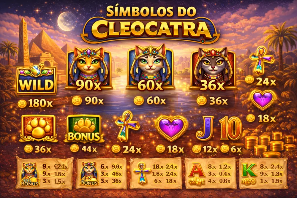 Símbolos do Cleocatra com tabela de pagamento, ícones do slot, moedas douradas e tema egípcio em visual premium