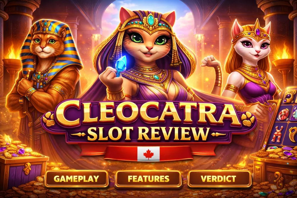 Cleocatra slot review banner with Egyptian cat characters, golden treasure, and a premium casino guide style for Canada