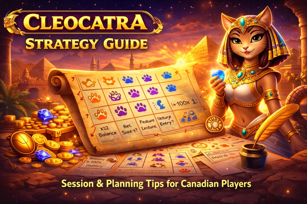 Cleocatra strategy guide visual with Egyptian slot elements, planning symbols, gold coins, and a premium dark casino background
