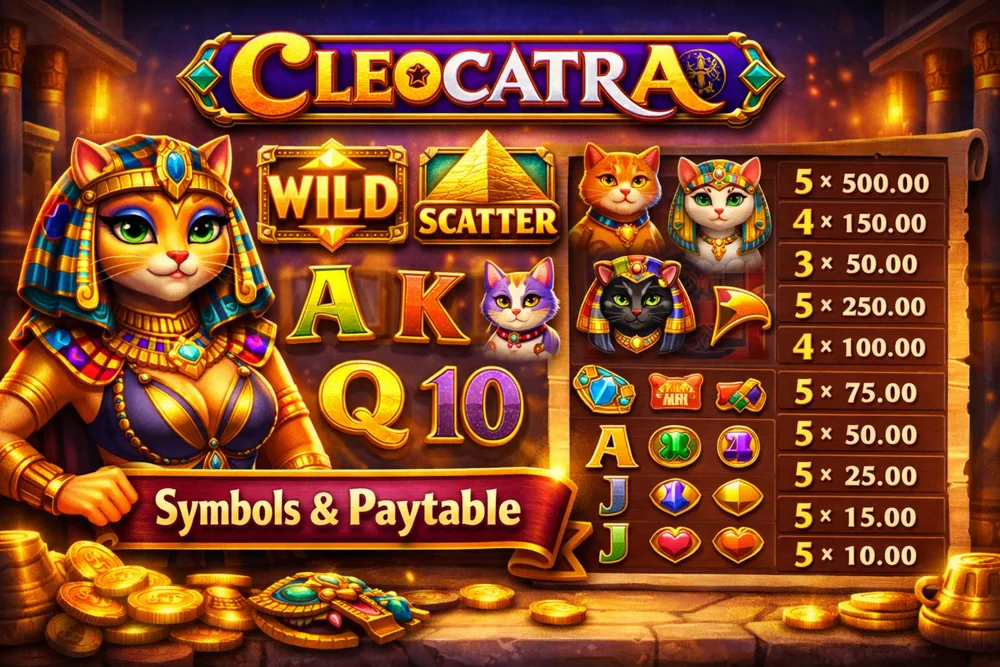 Cleocatra symbols and paytable shown on a smartphone screen with Egyptian-themed slot icons, gold accents, and a dark premium casino background