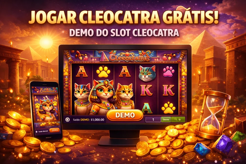 Jogar Cleocatra grátis no modo demo com smartphone, tela do slot, moedas douradas e ambientação egípcia no Brasil