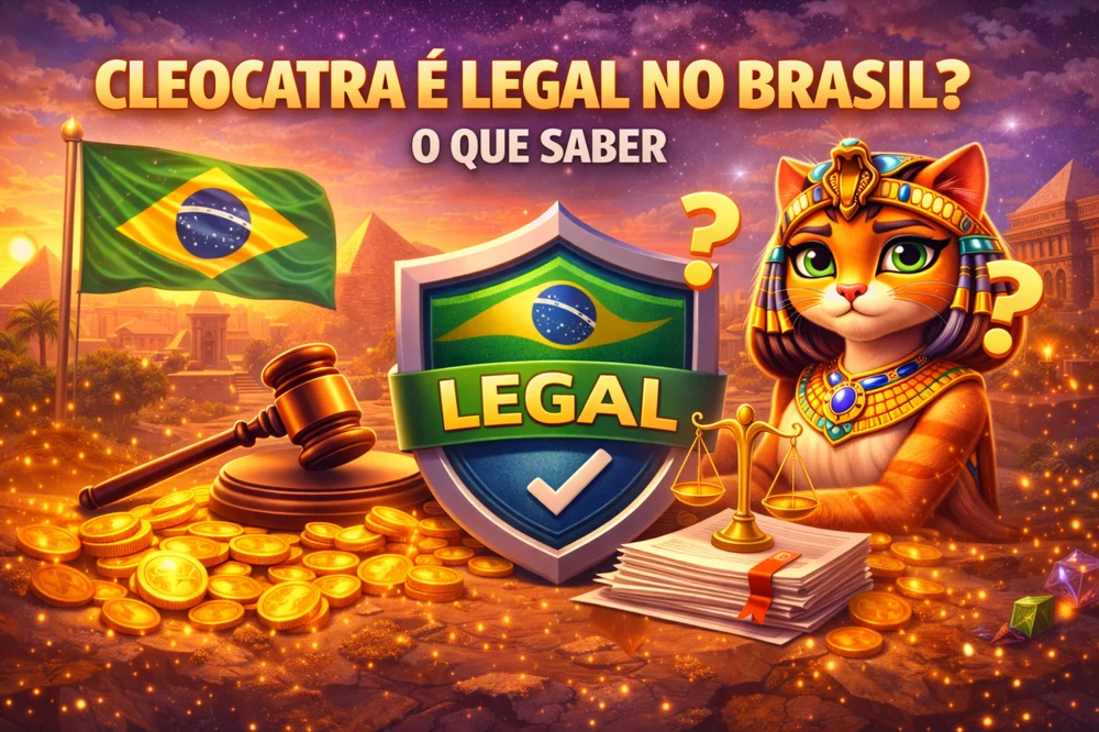 Cleocatra é legal no Brasil com tema egípcio, escudo de verificação, símbolos jurídicos e foco em acesso seguro e operadores confiáveis