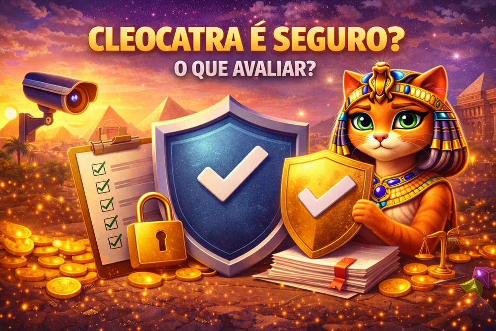 Cleocatra é seguro com escudos de verificação, cadeado, checklist, tema egípcio e foco em operadores confiáveis no Brasil