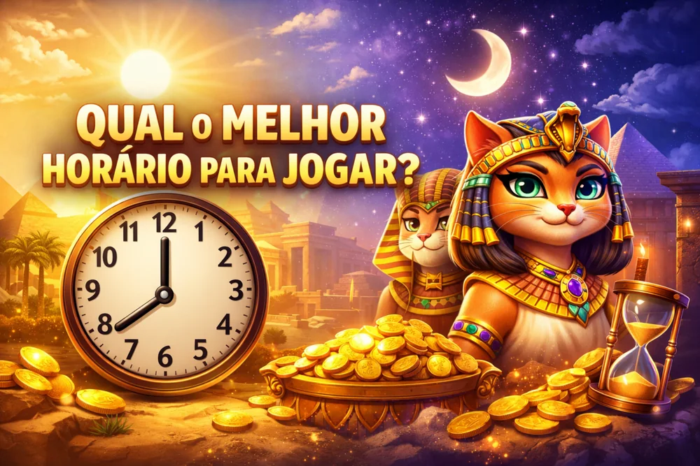 Melhor horário para jogar Cleocatra com relógio, tema egípcio, smartphone, moedas douradas e foco em sessão equilibrada no Brasil