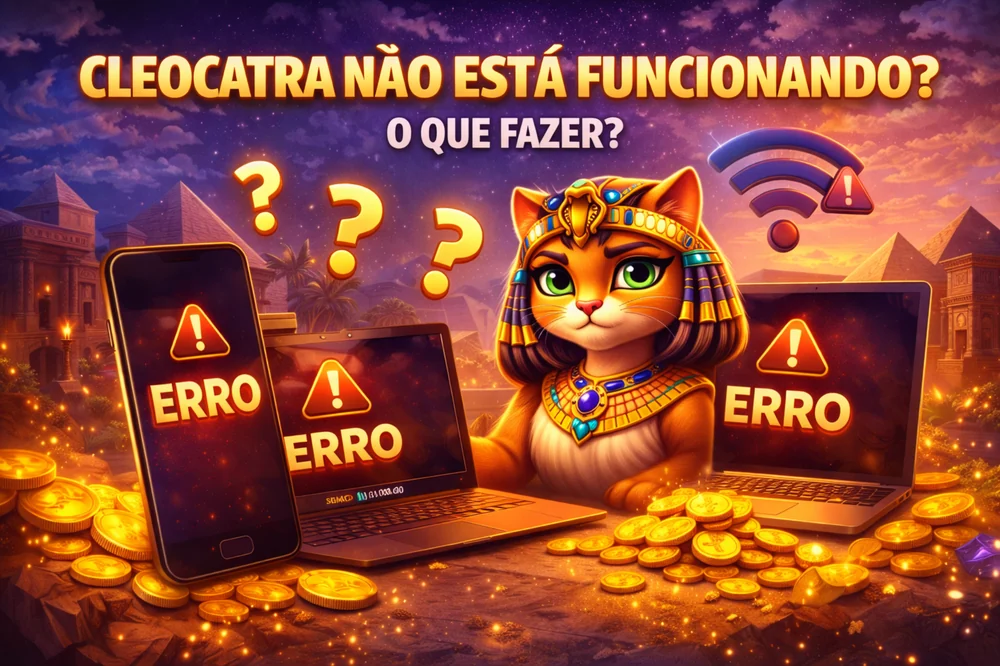 Cleocatra não está funcionando com smartphone, notebook, aviso de erro, tema egípcio e foco em acesso e estabilidade no Brasil
