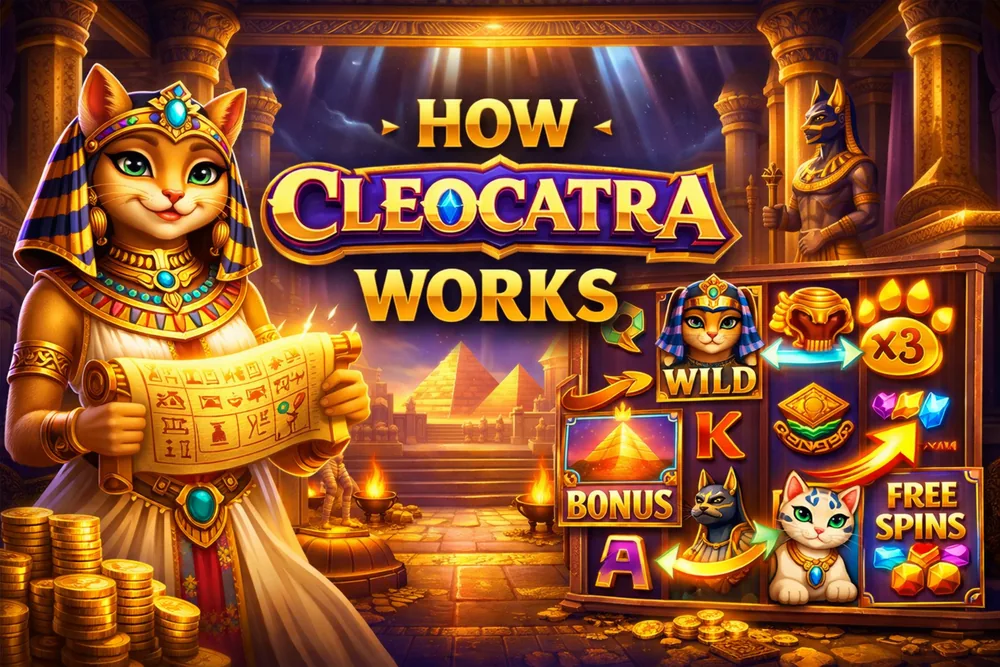 Cleocatra game mechanics guide image with Egyptian cat queen, slot symbols, feature overview, and dark gold casino styling