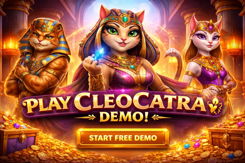 Cleocatra demo banner with Egyptian cat characters, golden treasure, and a free-play slot guide style for Canada