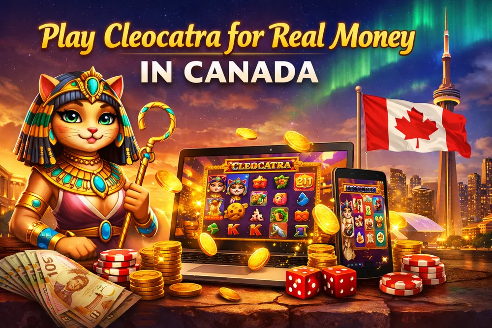 Cleocatra real money banner with Egyptian cat queen, gold coins, devices, and a Canada-focused casino play style