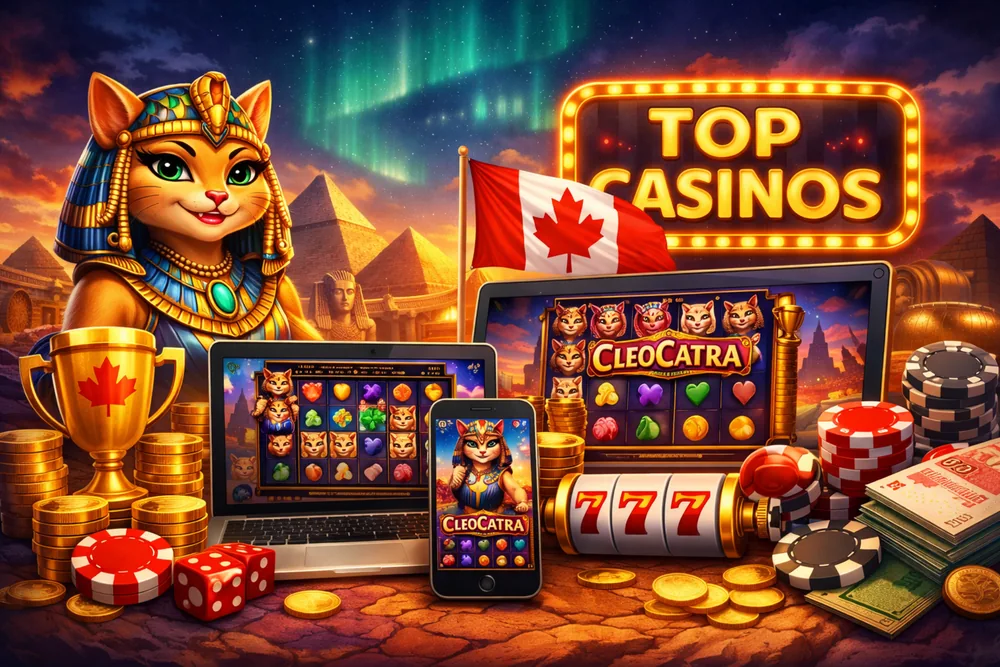 Cleocatra casino comparison banner with Egyptian cat queen, devices, casino chips, and a Canada-focused real money casino style